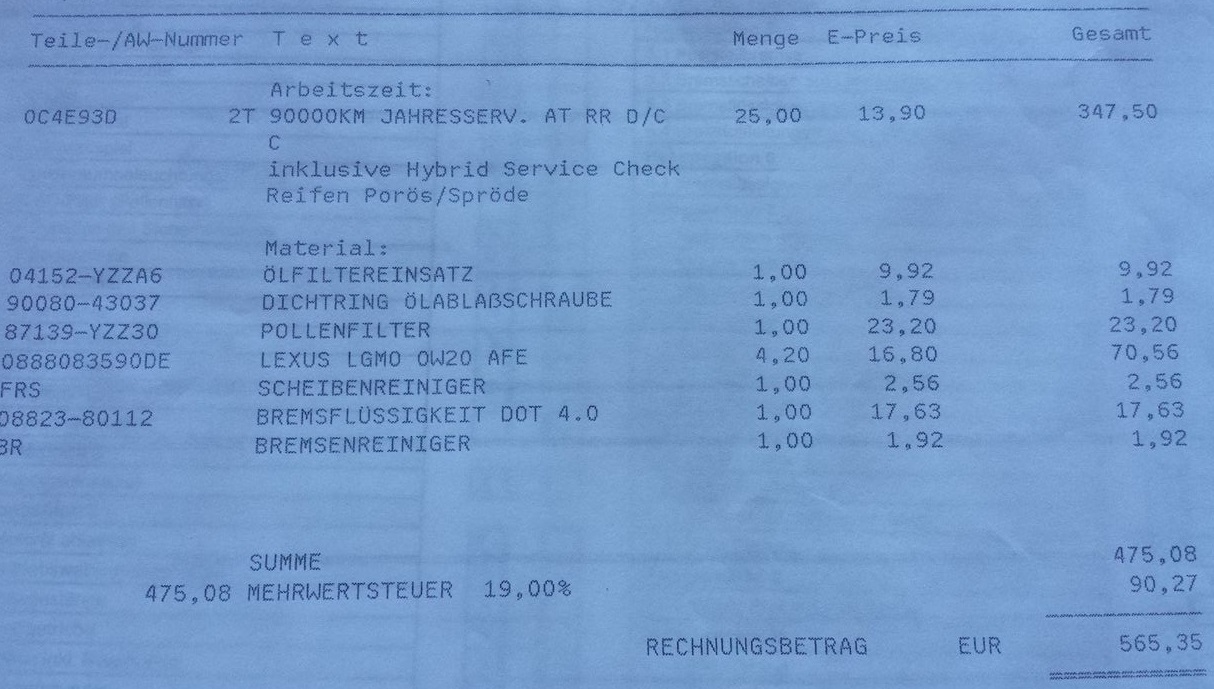 Kosten F 252 R 30 000 Km Inspektion Lexus Ct 200h Priusforum